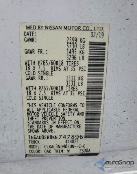 2019 Nissan Frontier S из США, поврежденный, VIN 1N6AD0ER8KN747896